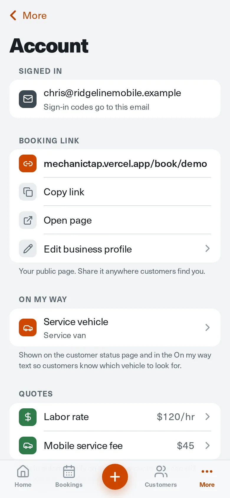 Account settings showing the booking link, service vehicle, labor rate, and mobile service fee