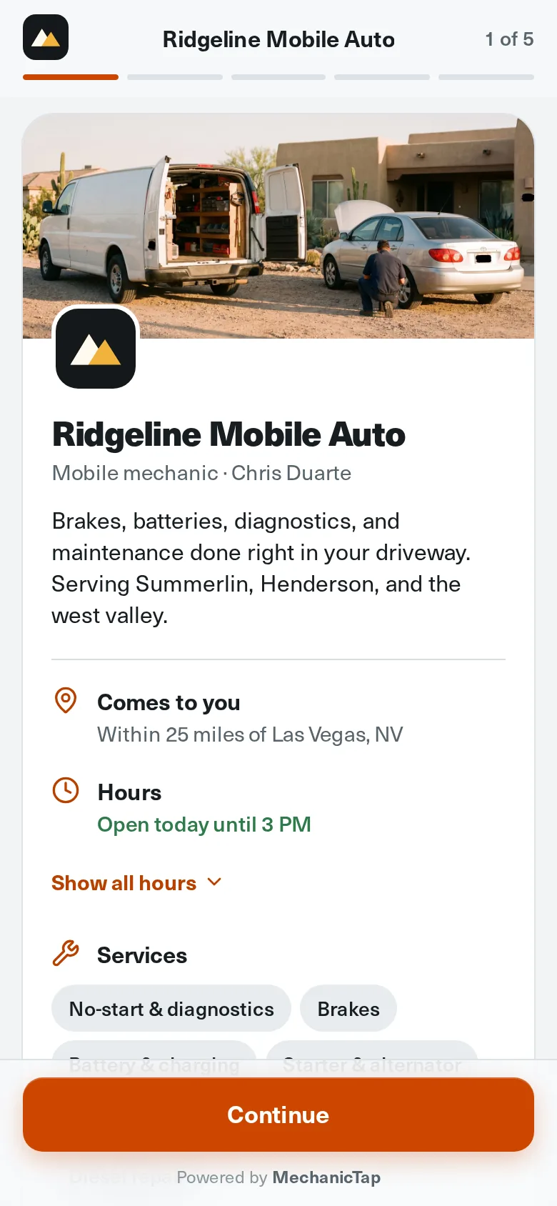 A mechanic's public booking page with cover photo, logo, hours, and services