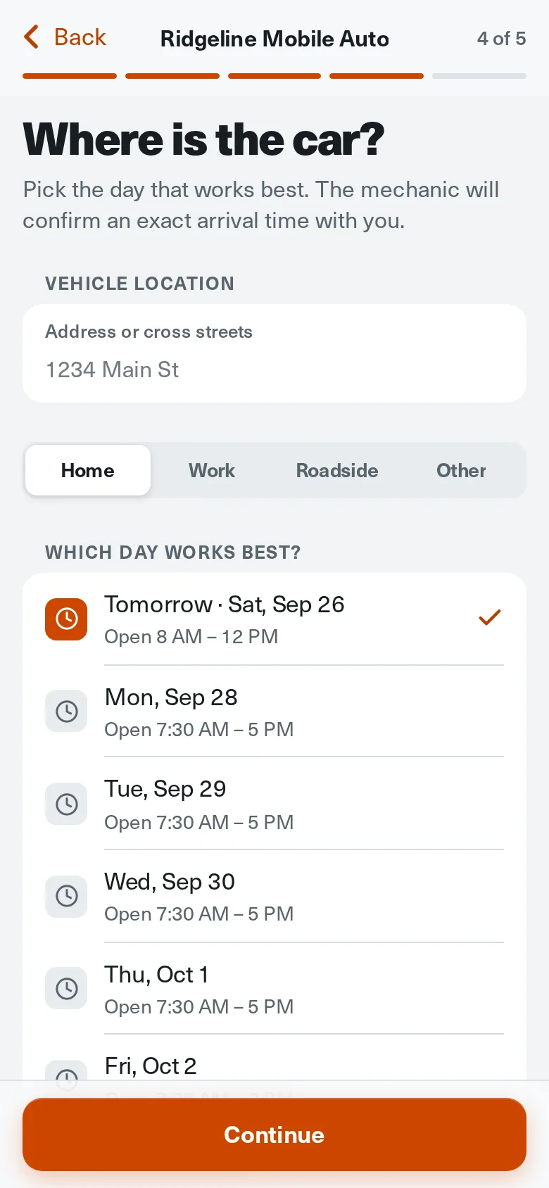 Customer choosing where the car is and which day works best