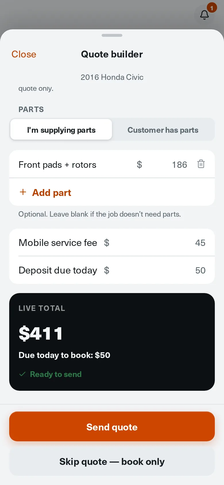 Quote builder showing a $411 total with a $50 deposit due today
