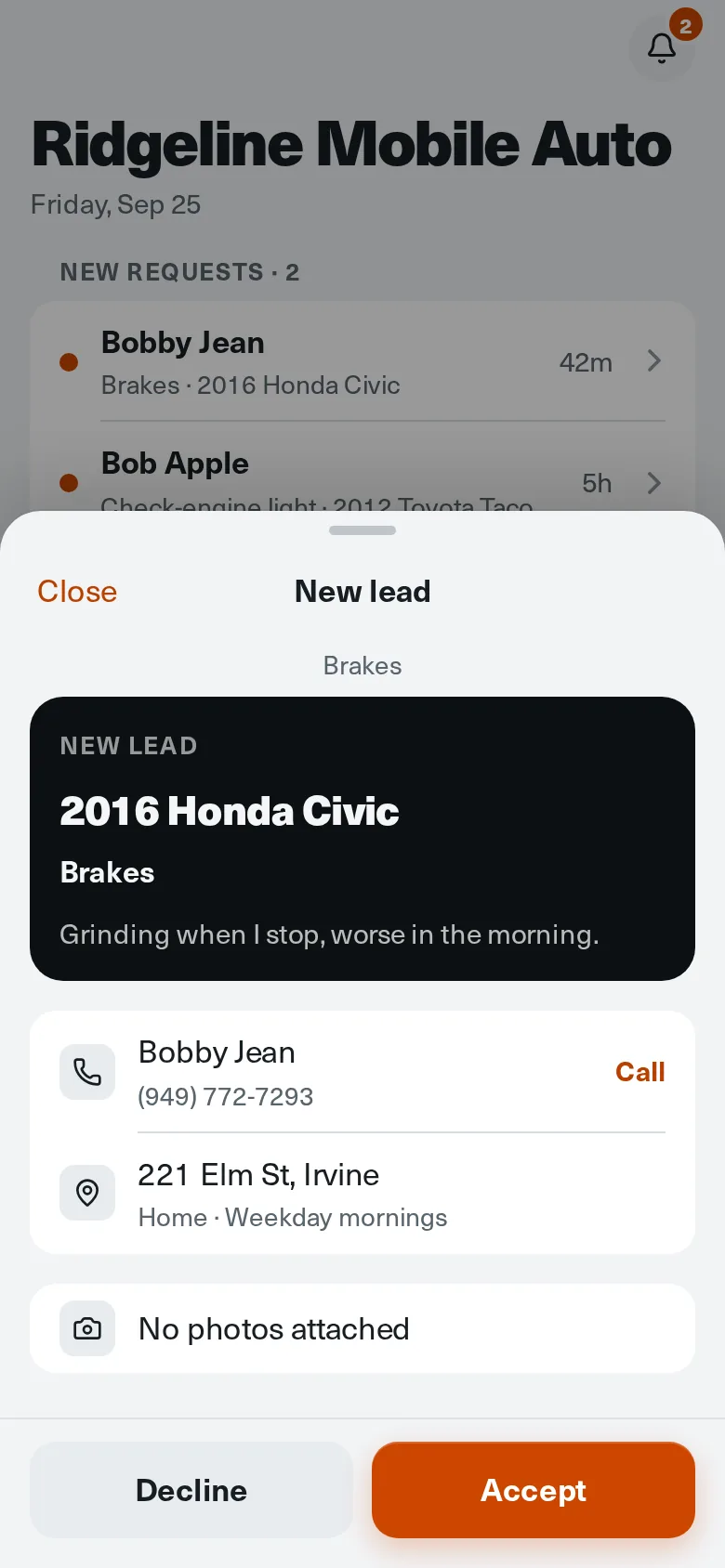 A new brake request with vehicle, symptoms, address, and Accept button