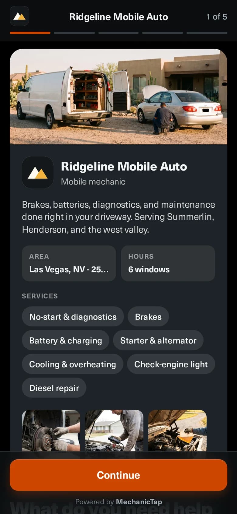 The customer booking page in dark mode