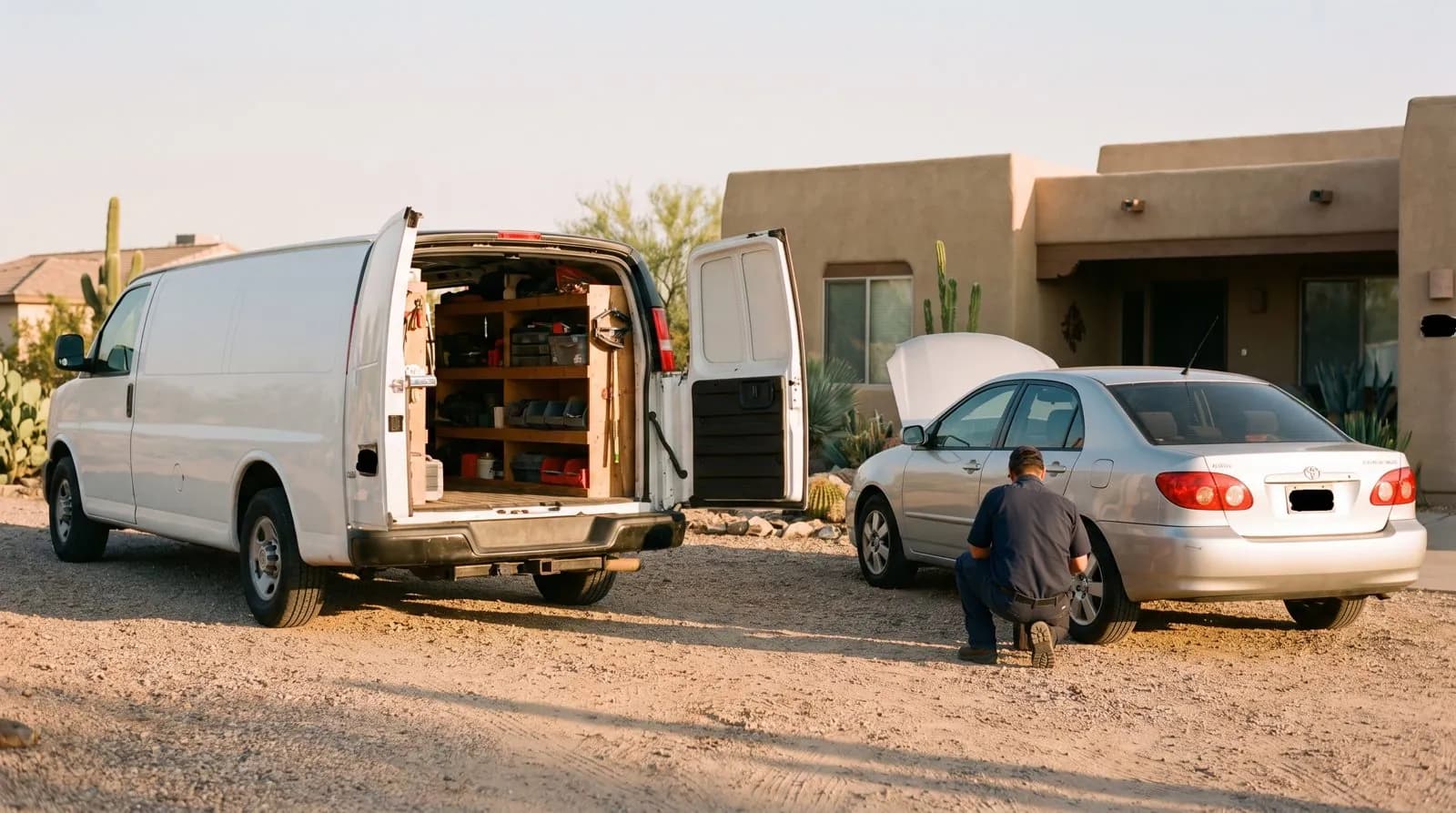 A mobile mechanic's white van with its rear doors open in a Las Vegas driveway while he works on a customer's sedan