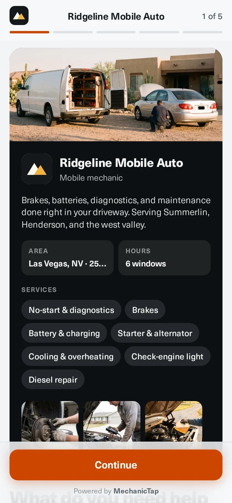 A mechanic's public booking page with cover photo, logo, services, and gallery