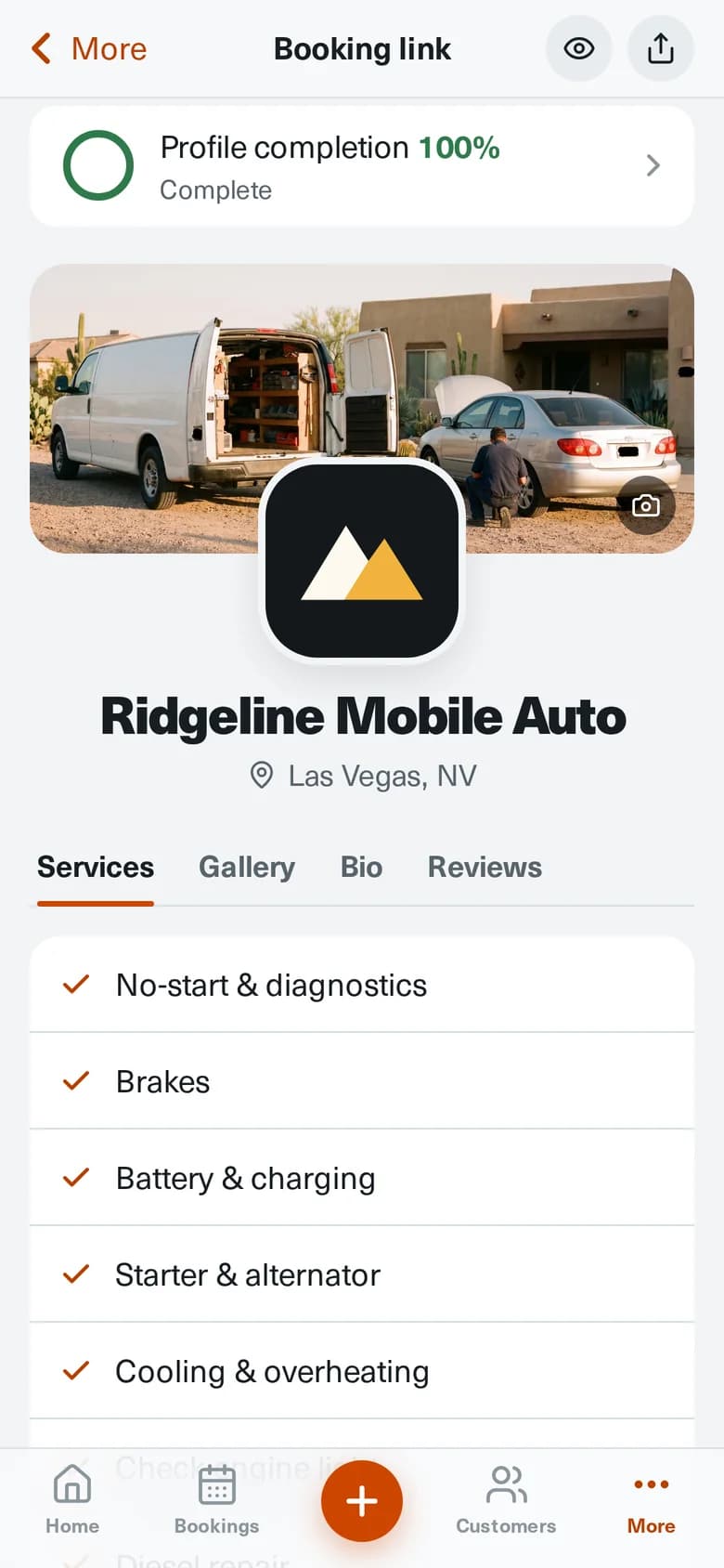 Booking link manager showing profile completion at 100 percent and the booking page preview
