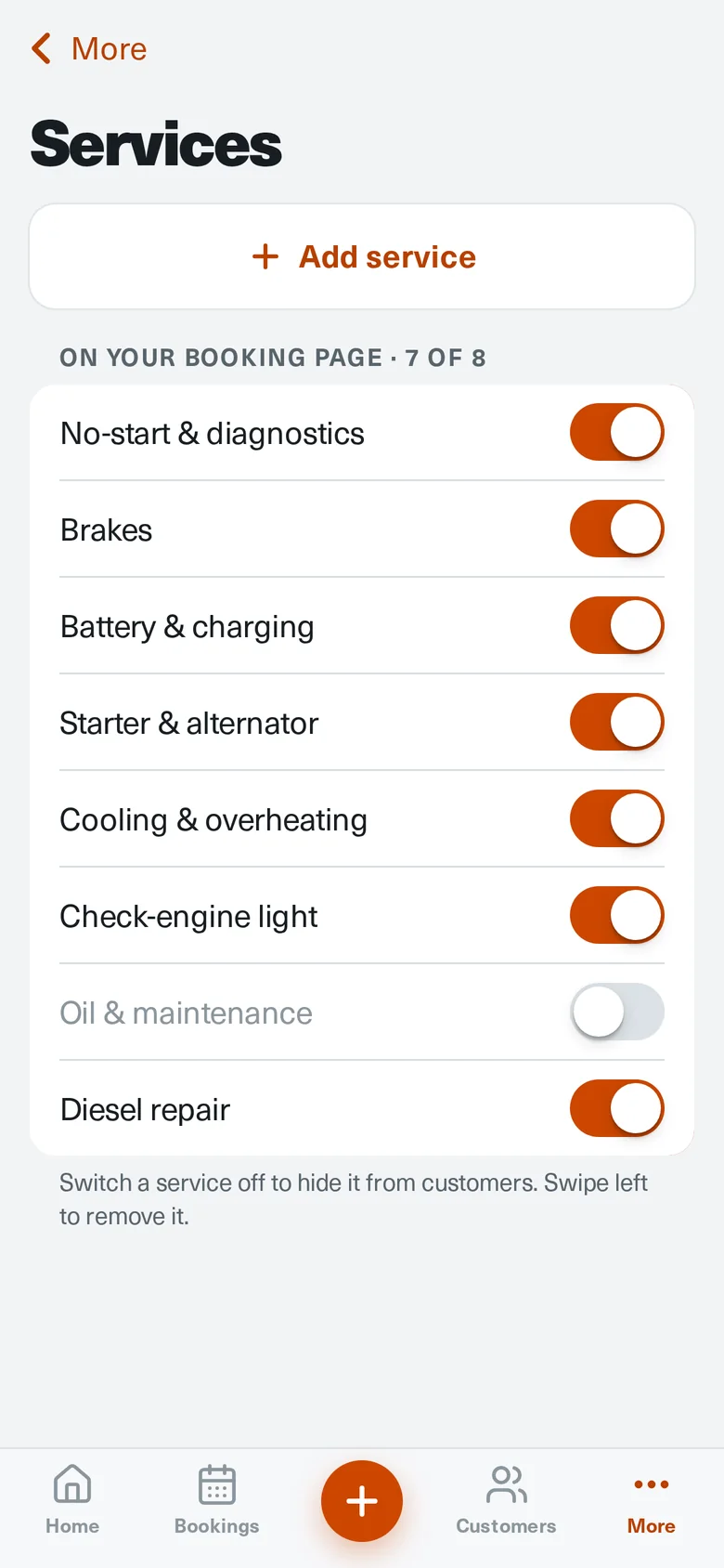 Services list with a switch to show or hide each service