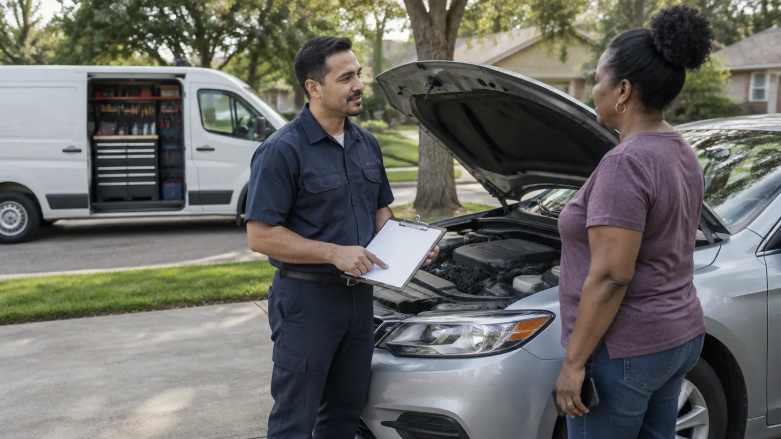 A mobile mechanic holding a clipboard talks with a car owner beside her silver sedan with the hood open in a suburban driveway, with his white work van full of tool drawers parked behind them.