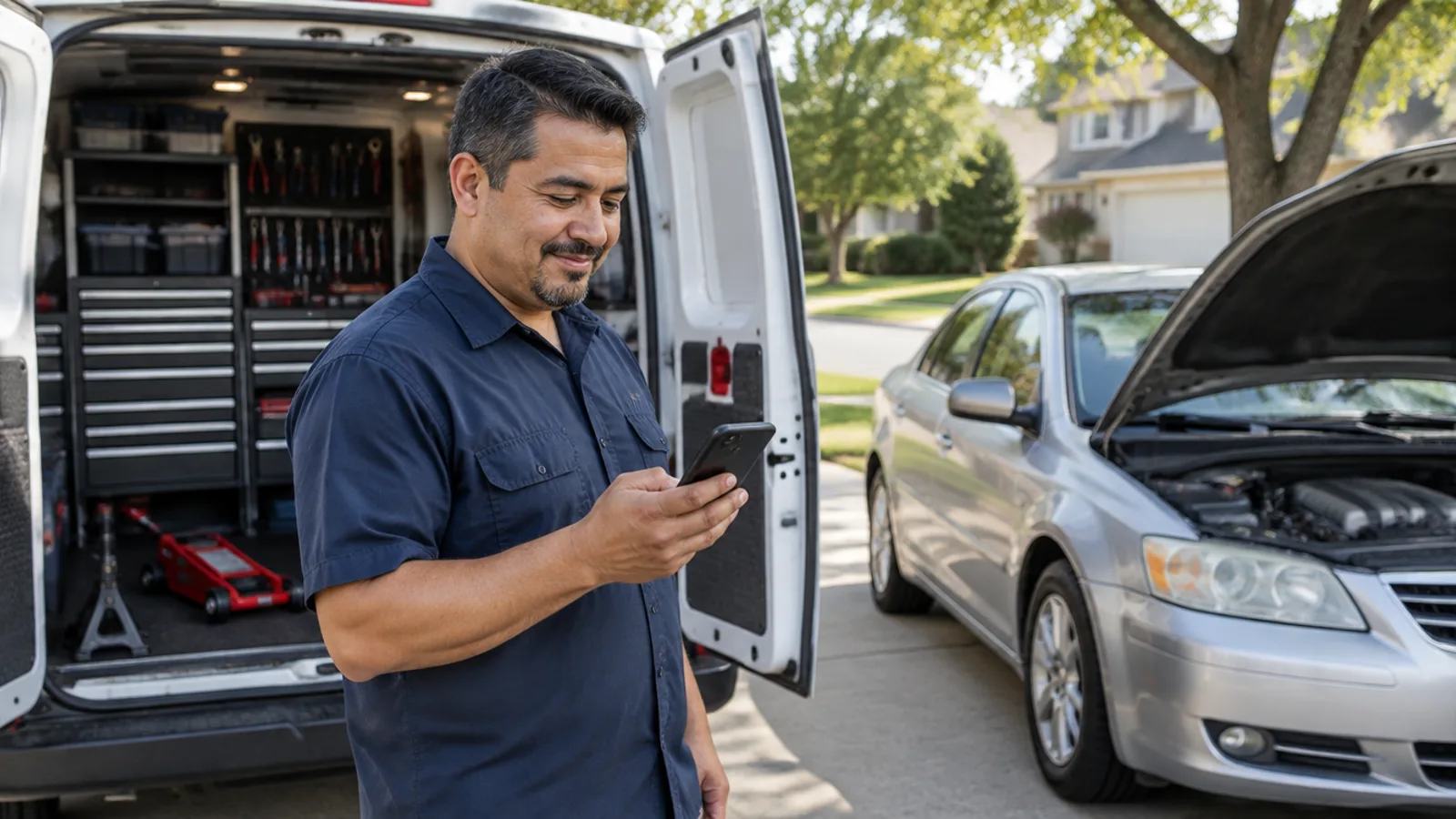 A mobile mechanic in a navy work shirt checks his phone beside his open white work van full of tool drawers, with a silver sedan parked in the driveway with its hood up.