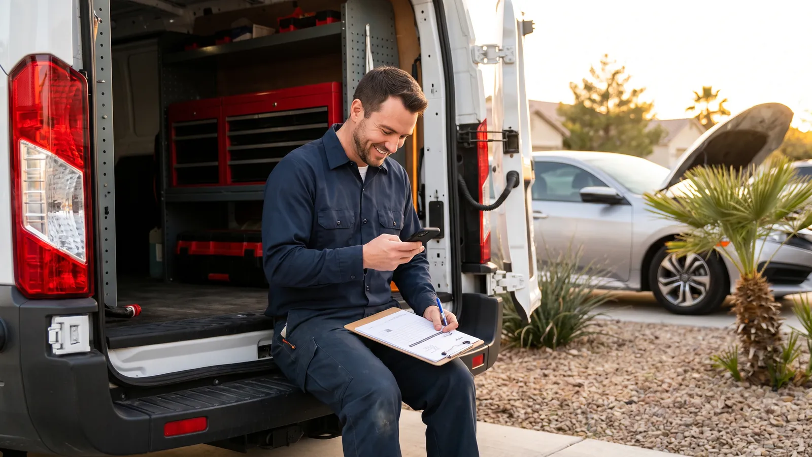 A mobile mechanic sitting on the back of his open work van in a driveway, checking his phone with a clipboard on his knee, with a customer's sedan parked behind him.