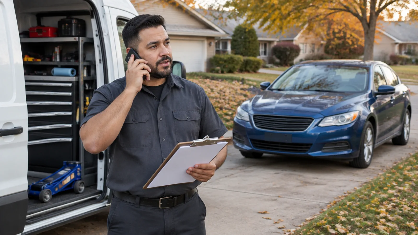 A mobile mechanic in a gray work shirt talks on his phone and holds a clipboard beside his open white work van full of tool drawers and a floor jack, with a blue sedan parked in a leaf-covered suburban driveway.